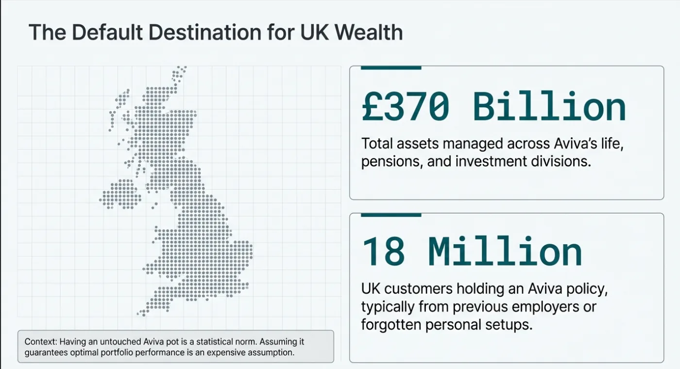 Map of the UK, title "Default Destination for UK Wealth." Text highlights £370 billion in assets and 18 million UK customers.