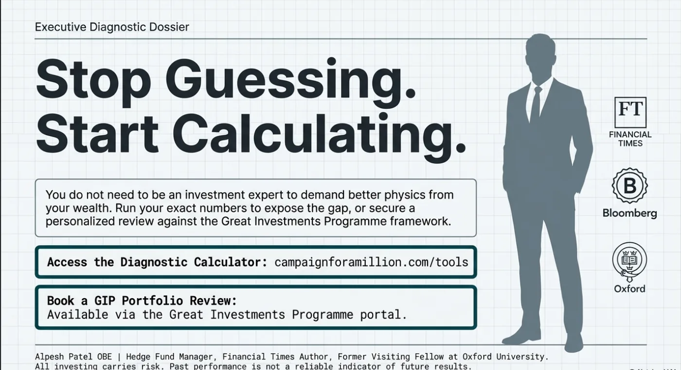 Silhouette of a suited figure beside text "Stop Guessing. Start Calculating." Logos of FT, Bloomberg, Oxford. Grid background, professional tone.