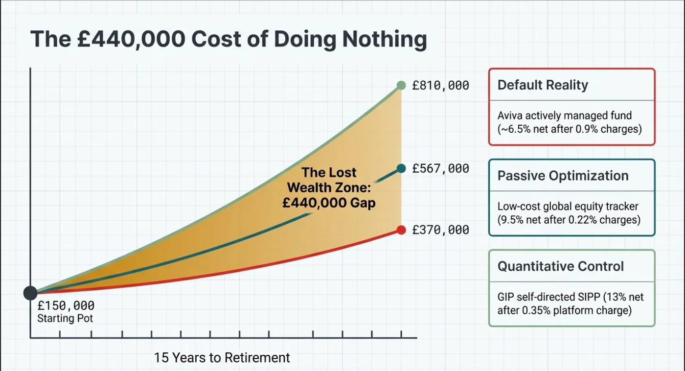 Graph showing £440k cost of doing nothing over 15 years; compares investment growth scenarios with different strategies and outcomes.