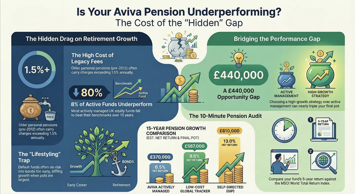 Infographic on pension performance. Left: issues and hidden fees. Right: potential £440,000 gain with active management. Colorful charts and icons.