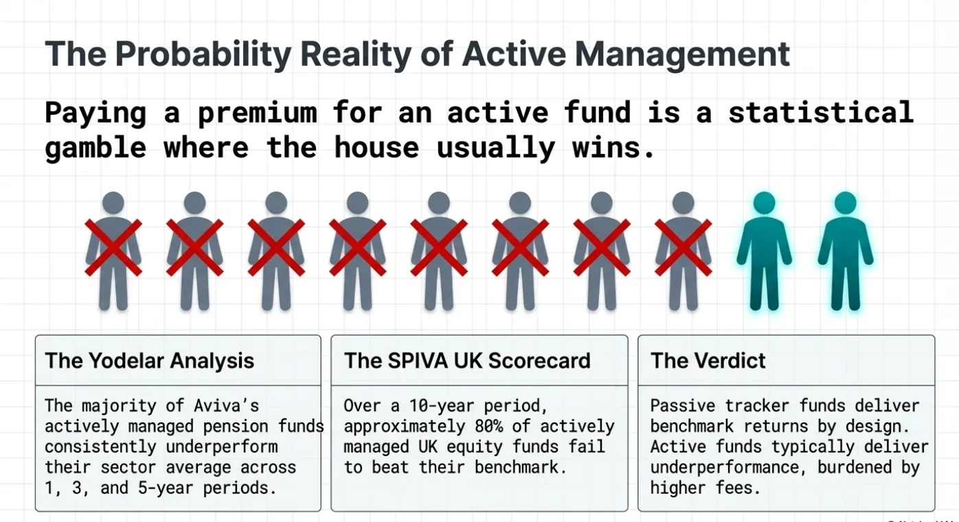 Graphical image titled "The Probability Reality of Active Management." Shows figures with red X's and text about active fund performance.