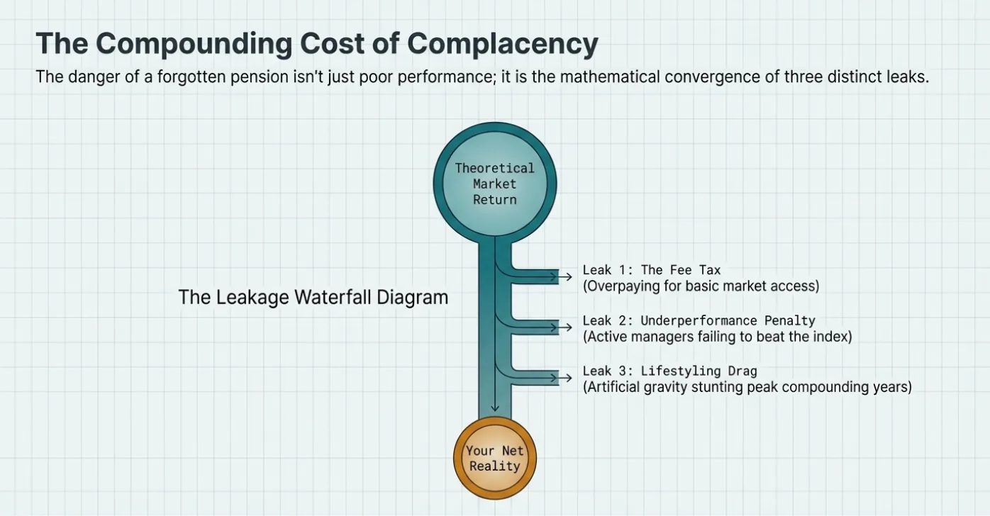 Diagram titled "The Compounding Cost of Complacency" shows theoretical market return leading to "Your Net Reality" via three leaks: Fee Tax, Underperformance, and Lifestyling Drag.