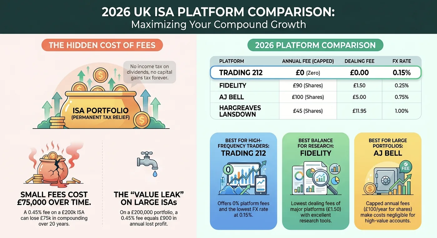 UK ISA comparison infographic detailing fees and benefits of Trading 212, Fidelity, AJ Bell, and Hargreaves Lansdown, highlighting costs.