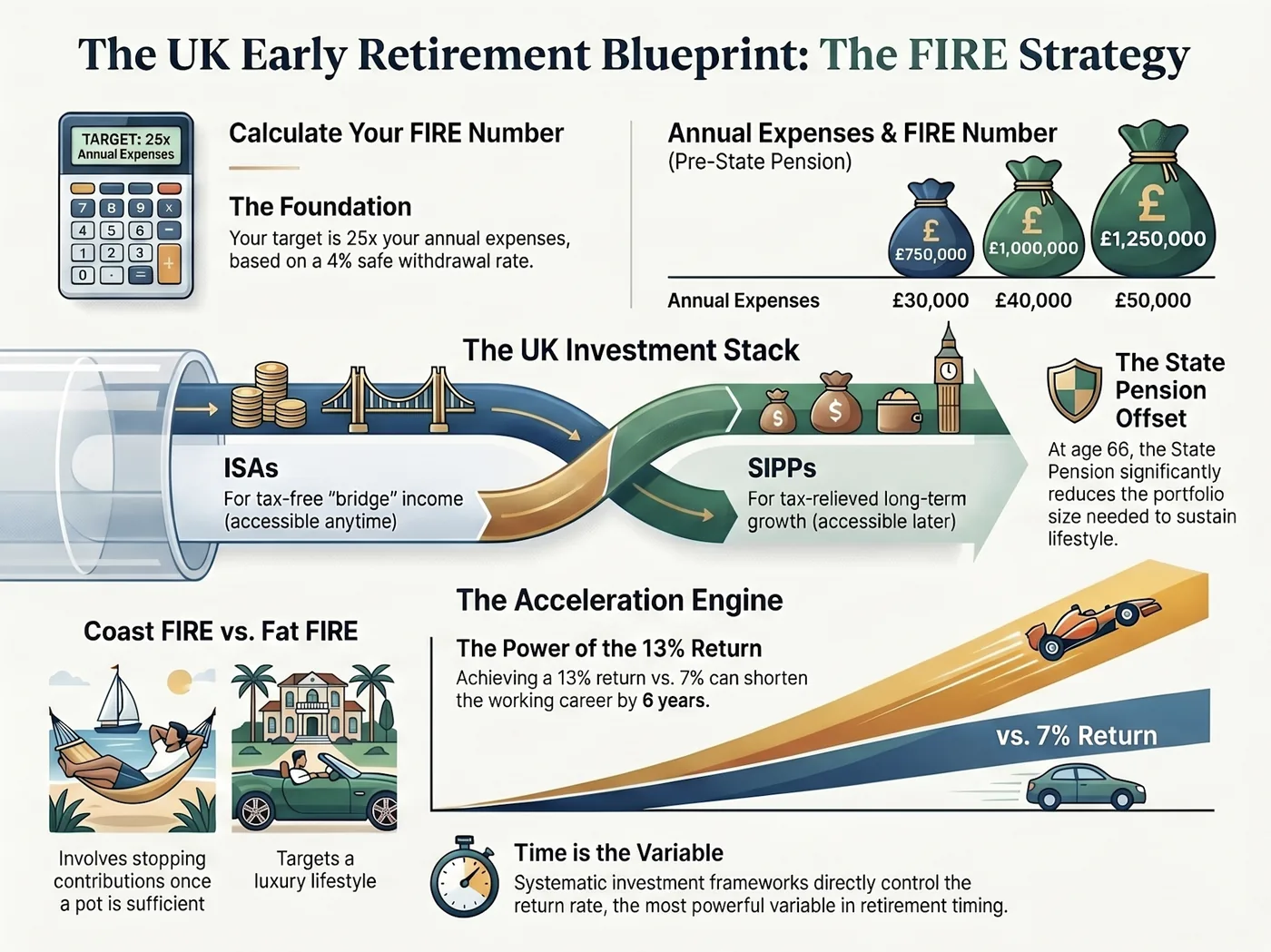 Infographic of UK's FIRE strategy with investment stacks, retirement calculations, and ISA/SIPP details. Illustrates Coast vs. Fat FIRE.