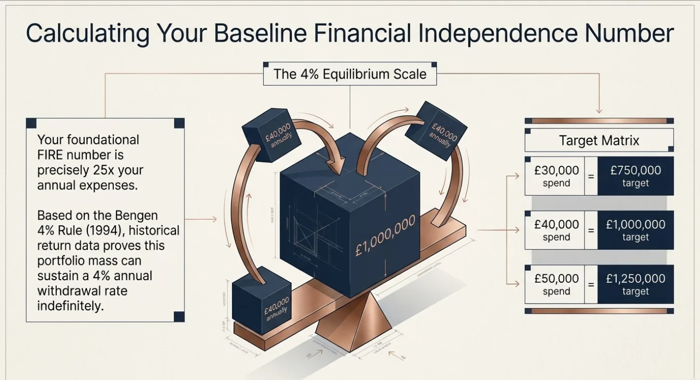 Chart illustrating financial independence with a balance scale showing spending and targets. Includes text on FIRE number and Bengen's 4% Rule.