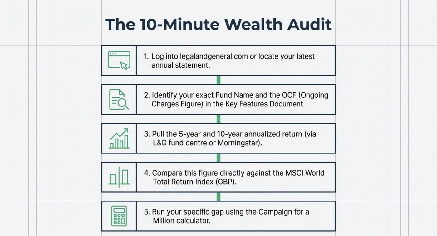 Checklist titled "The 10-Minute Wealth Audit" with five steps and icons, including text on assessing funds, returns, and financial comparisons.