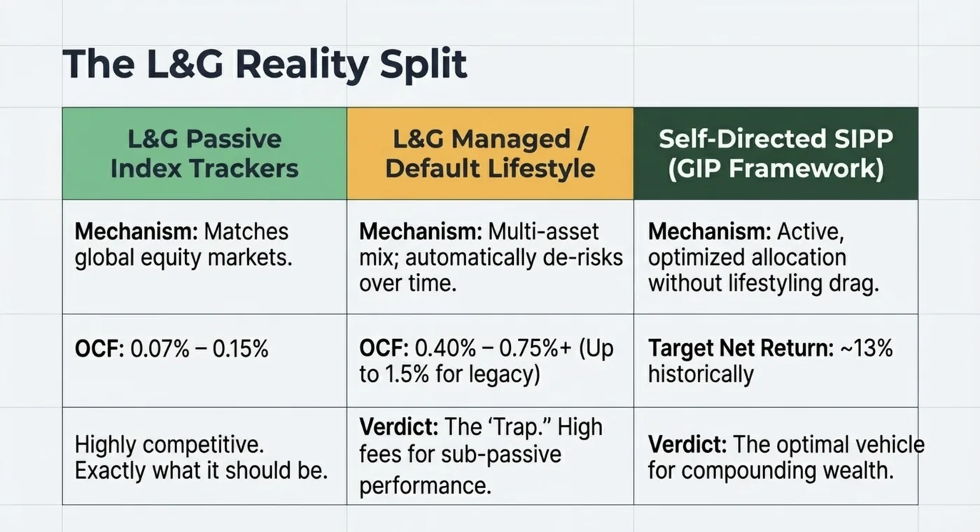 Comparison chart titled "The L&G Reality Split," detailing three investment mechanisms with text on fees and verdicts, in green, orange, and dark green.