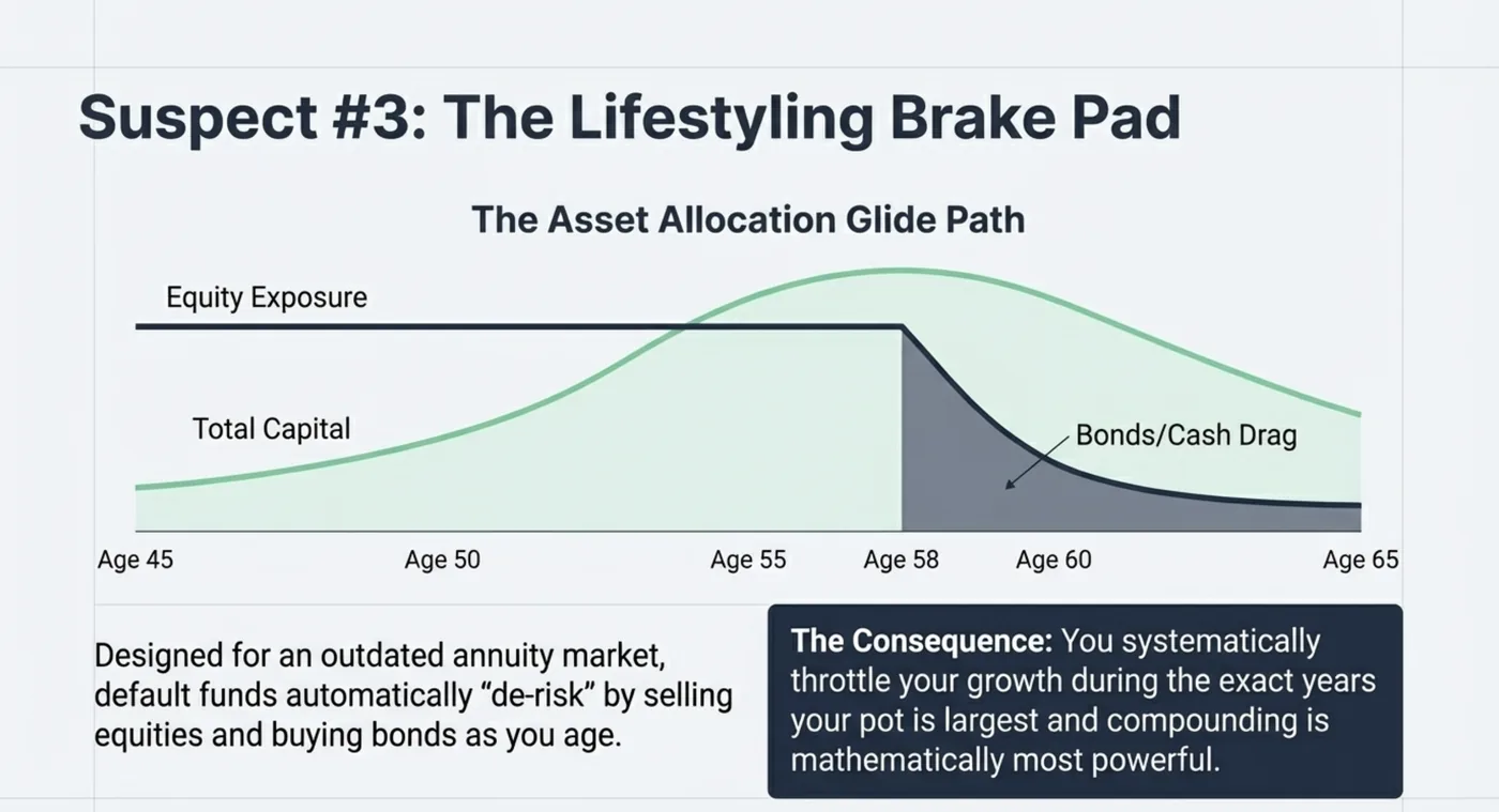 Graph titled "Suspect #3: The Lifestyling Brake Pad" shows asset allocation glide path from ages 45 to 65, highlighting equity exposure and bonds/cash drag.