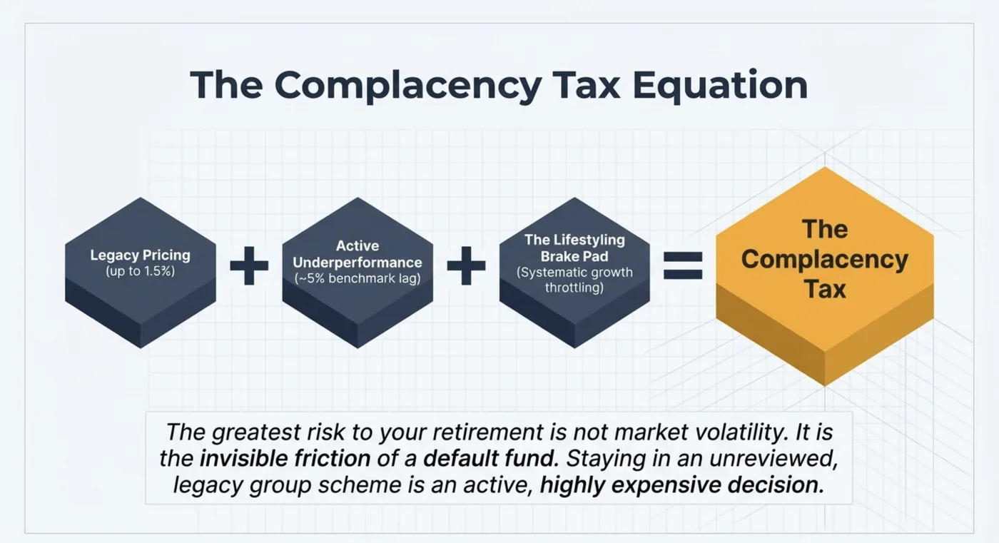 Equation diagram titled "The Complacency Tax Equation" with factors: Legacy Pricing, Active Underperformance, The Lifestyling Brake Pad.