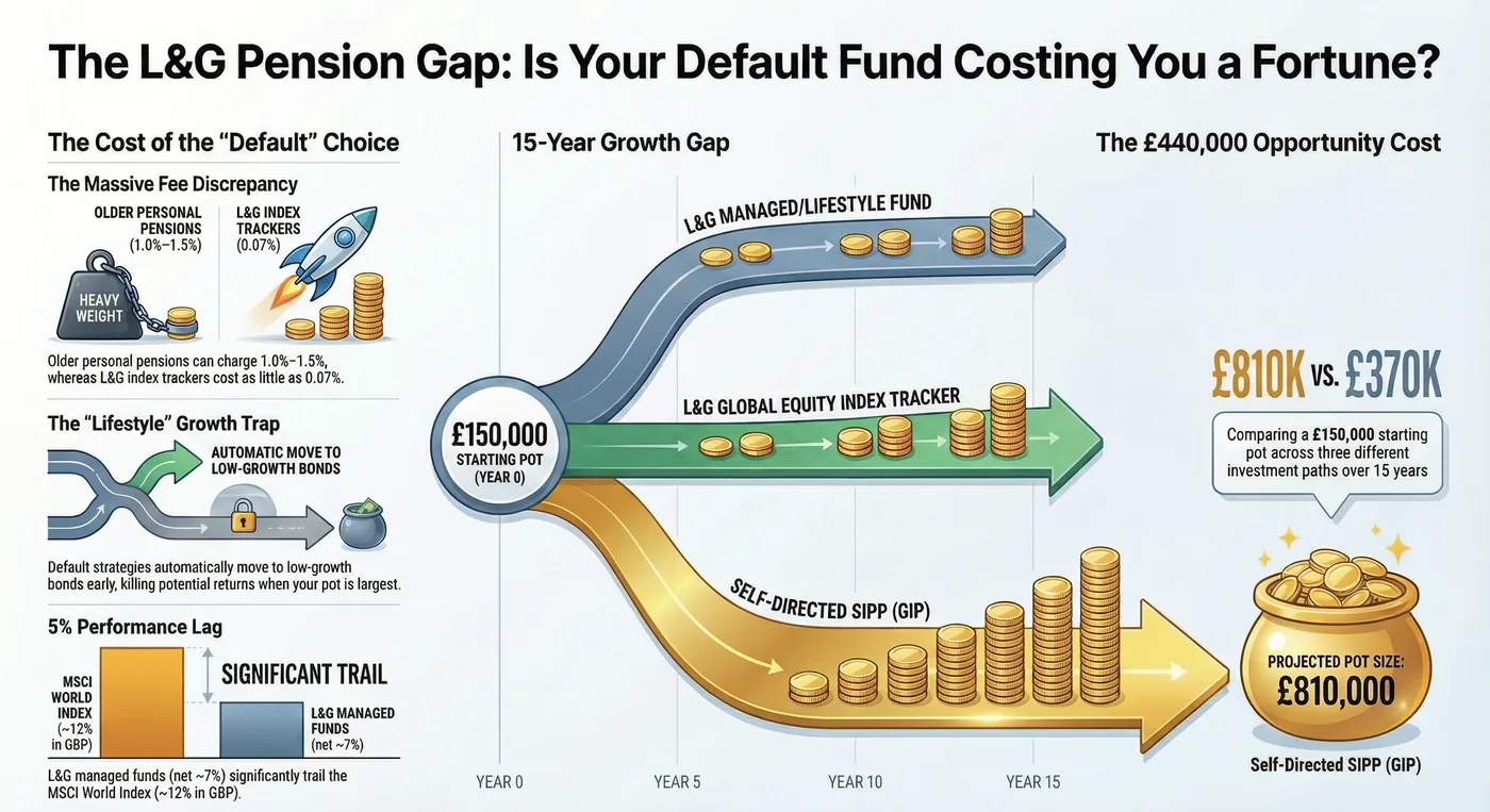 Infographic on pension gap compares growth of L&G managed fund, index tracker, and SIPP over 15 years, highlighting costs and potential returns.