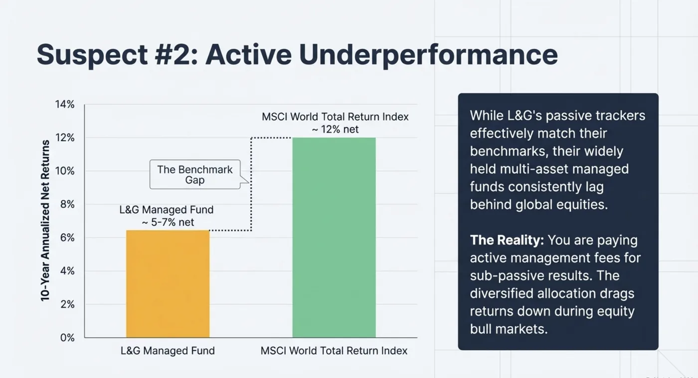 Bar chart comparing L&G Managed Fund (orange, 5-7% net) with MSCI World Index (green, 12% net). Text: Active underperformance issues noted.