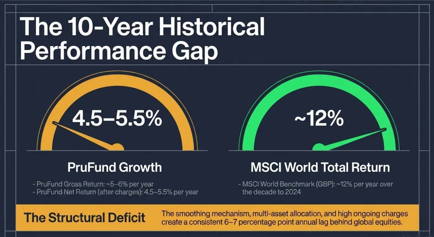 Graph showing a 10-year performance gap. PruFund growth at 4.5%-5.5% in orange; MSCI World return at ~12% in green. Text on structural deficit.