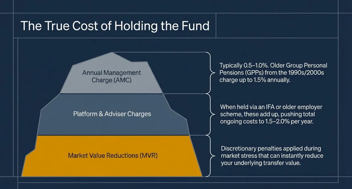 Chart titled "The True Cost of Holding the Fund" shows cost layers: Annual Management Charge, Platform & Adviser Charges, Market Value Reductions.