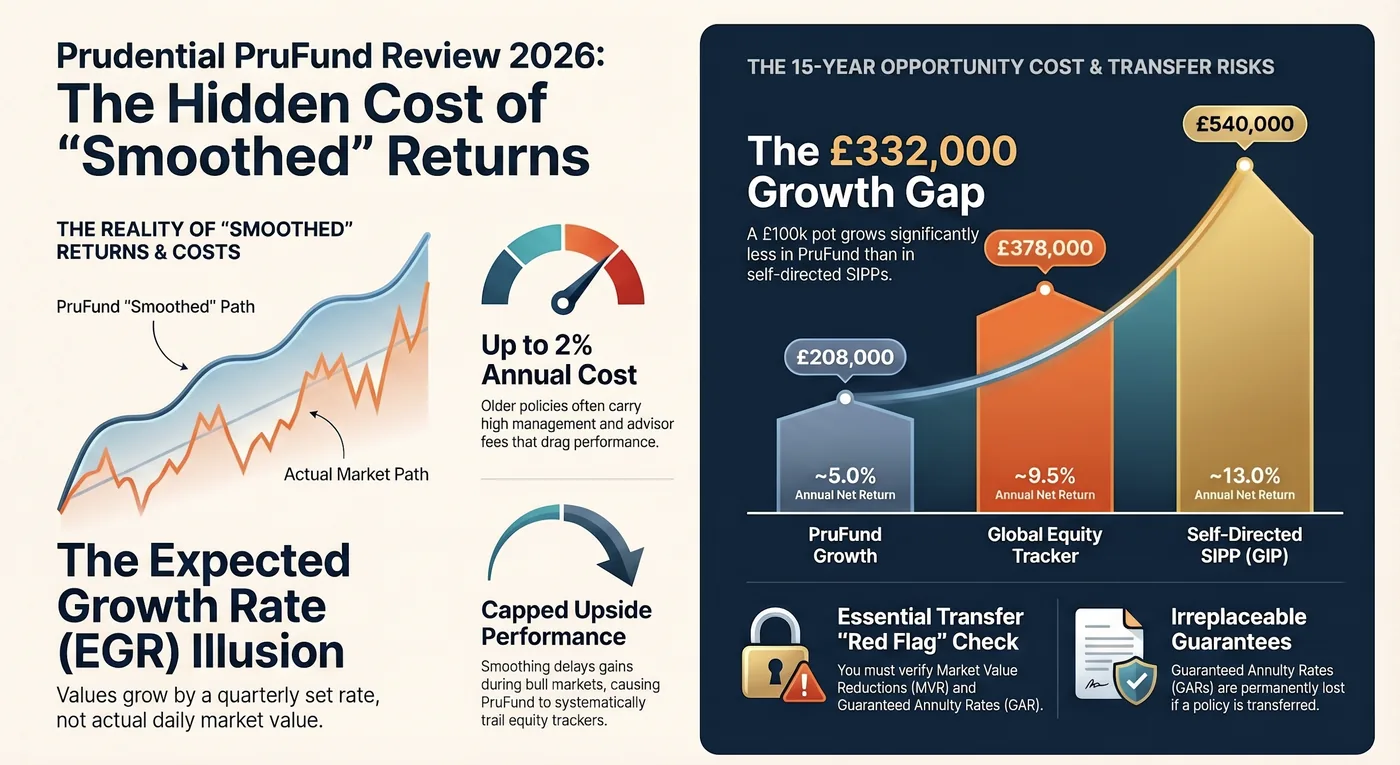 Infographic on PruFund's "smoothed" returns, showing growth paths, costs up to 2%, capped gains, and a £332k growth gap in investments.