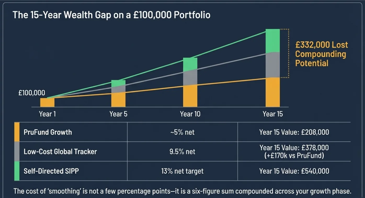 Graph showing 15-year wealth gap for a £100K portfolio with three investment strategies. Highlights £332K lost compounding potential.