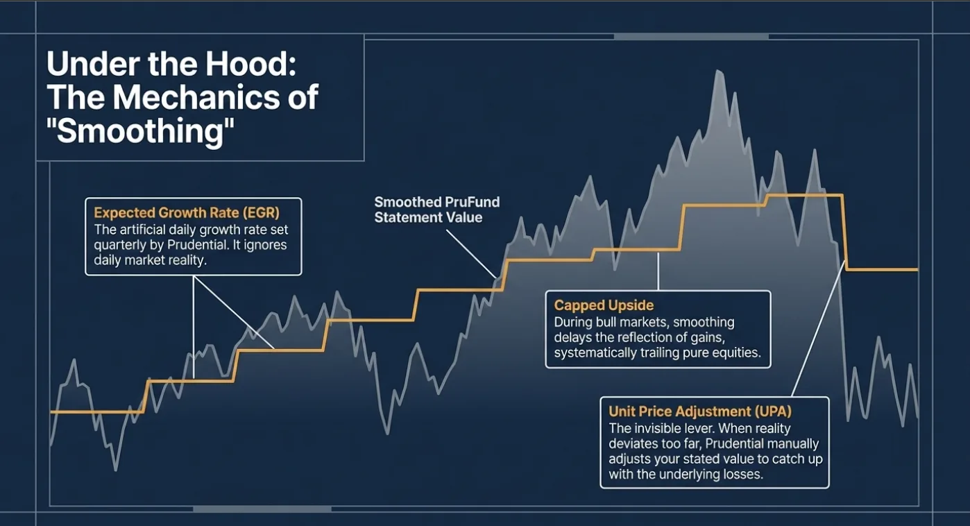 Graph on "The Mechanics of 'Smoothing'" with annotations on Expected Growth Rate and Capped Upside. Blue background, orange trend line.
