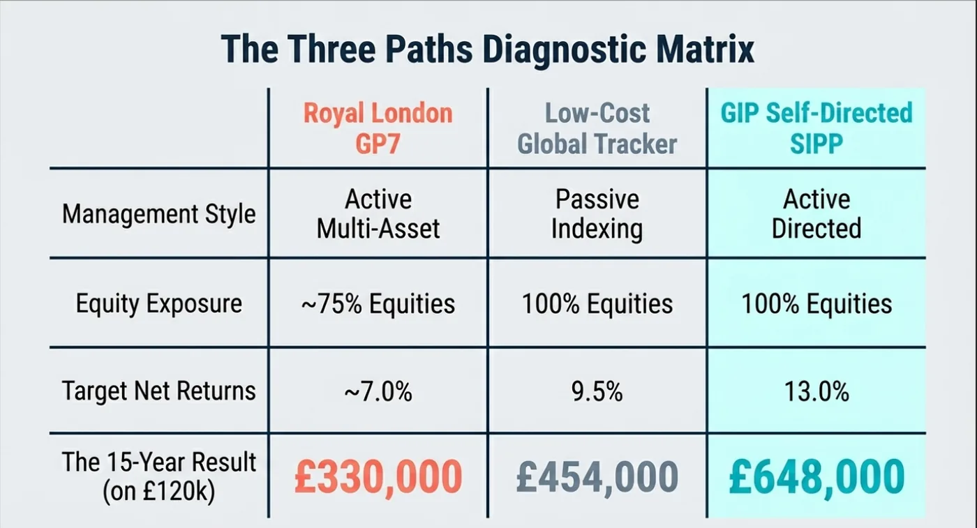 Table compares three investment styles: Royal London GP7, Low-Cost Global Tracker, and GIP Self-Directed SIPP, highlighting management style, equity exposure, target returns, and results.