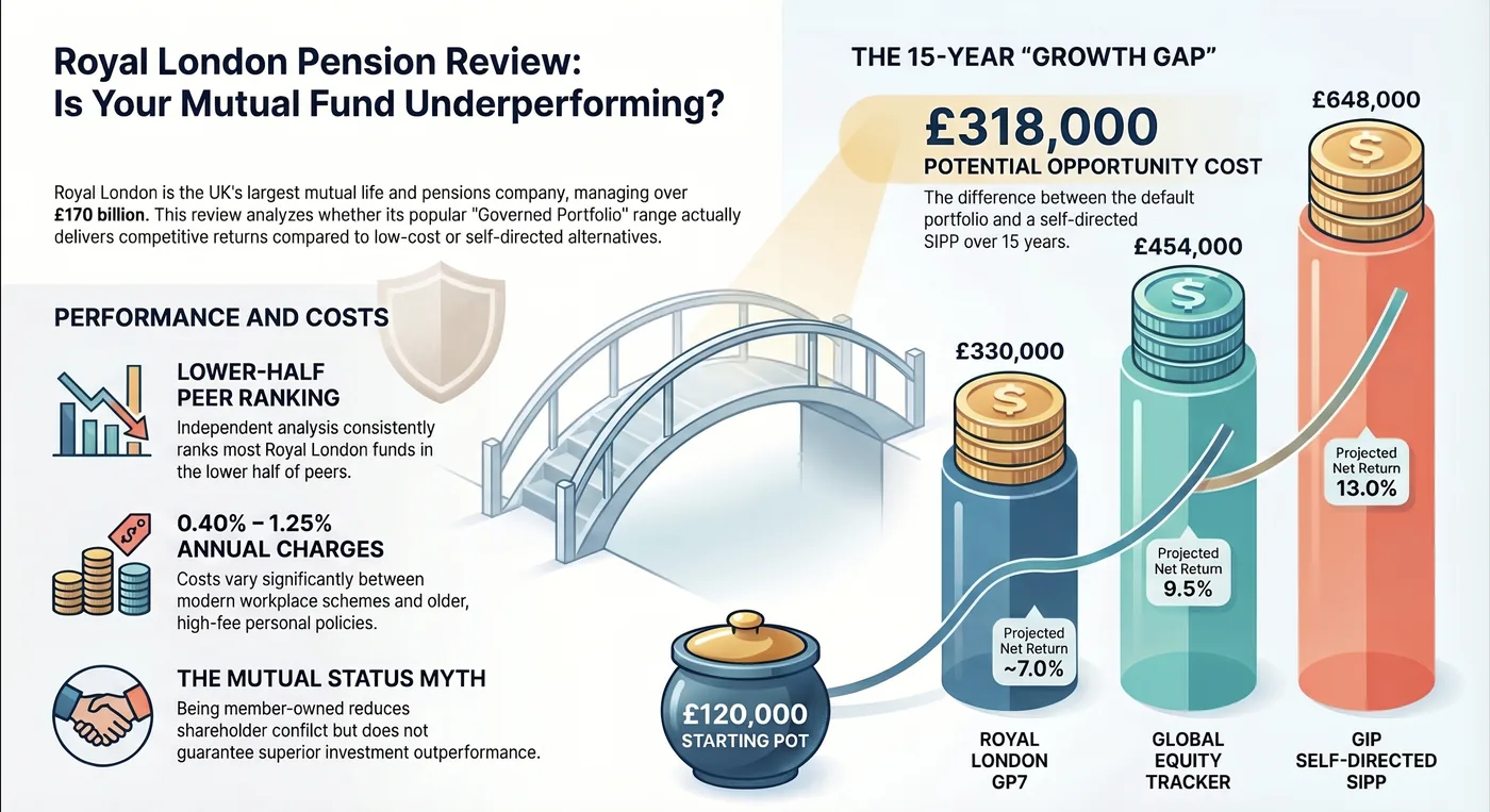 Infographic on Royal London Pension review. Shows performance, costs, and 15-year growth gap chart. Highlights lower-half ranking and potential £318K opportunity cost.