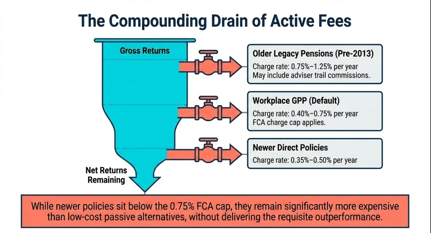 Chart showing "The Compounding Drain of Active Fees" with three red taps: Older Pensions, Workplace GPP, and Newer Policies on a blue funnel.