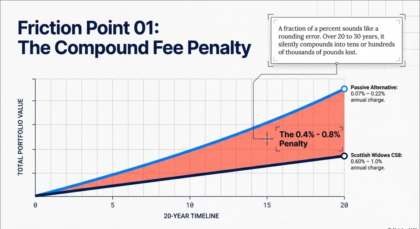 Graph titled "Friction Point 01: The Compound Fee Penalty" shows portfolio value over 20 years. Red area highlights 0.4%-0.8% penalty.