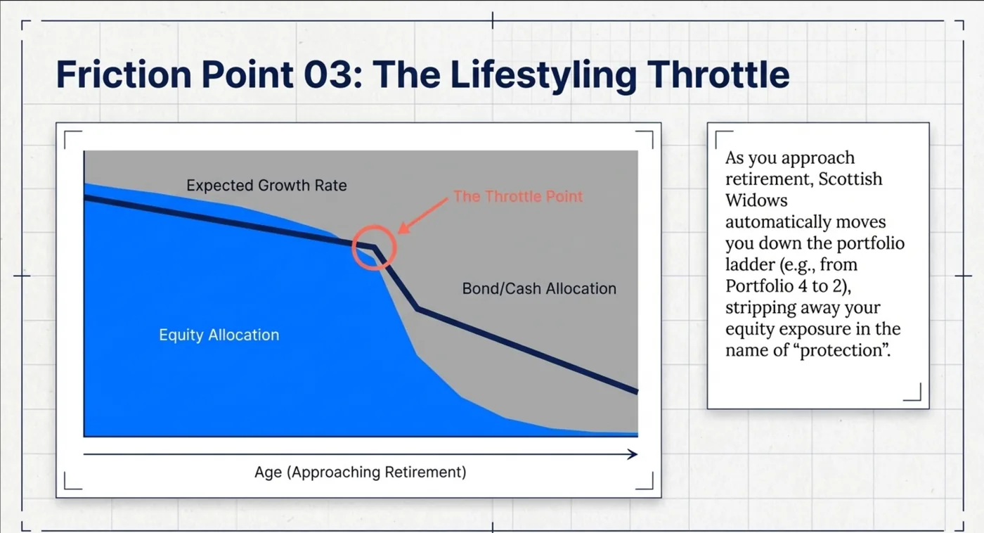Graph titled "Friction Point 03: The Lifestyling Throttle" shows equity and bond/cash allocation changes as age approaches retirement.