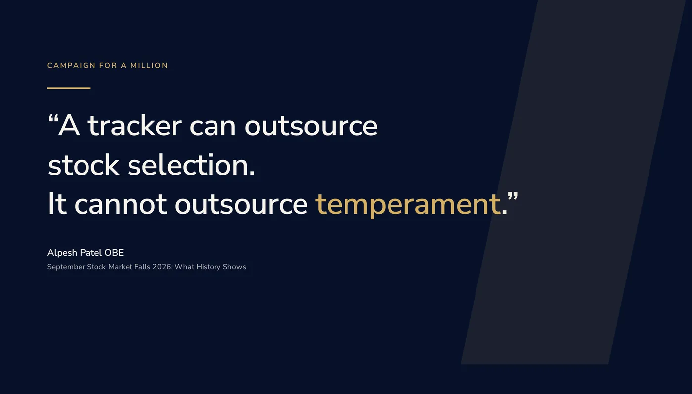 Quote card: A tracker can outsource stock selection. It cannot outsource temperament. Alpesh Patel OBE.