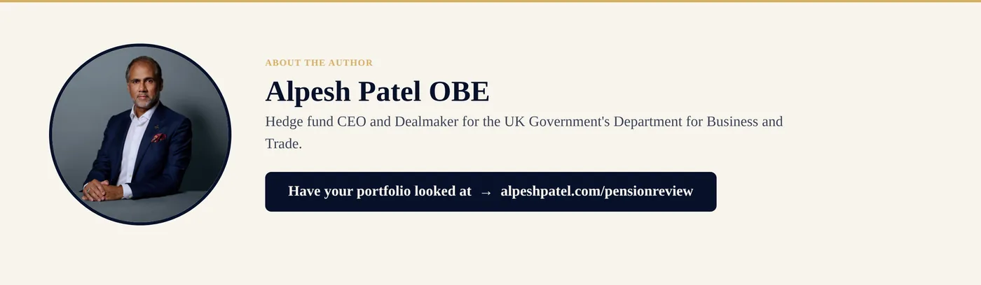 Portrait of Alpesh Patel OBE in a navy suit beside text about the author and a banner linking to alpeshpatel.com/pensionreview