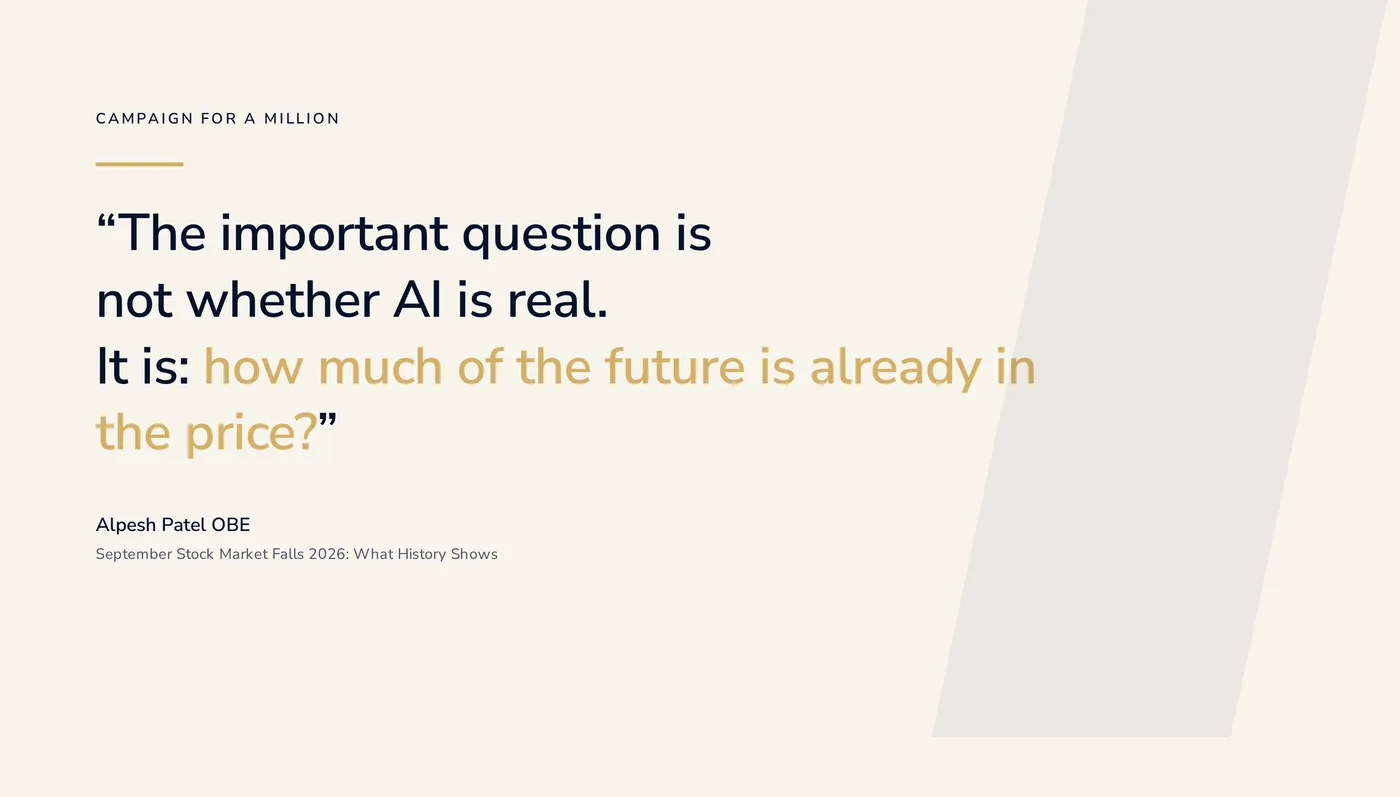 Quote card: The important question is not whether AI is real, but how much of the future is already in the price. Alpesh Patel OBE.
