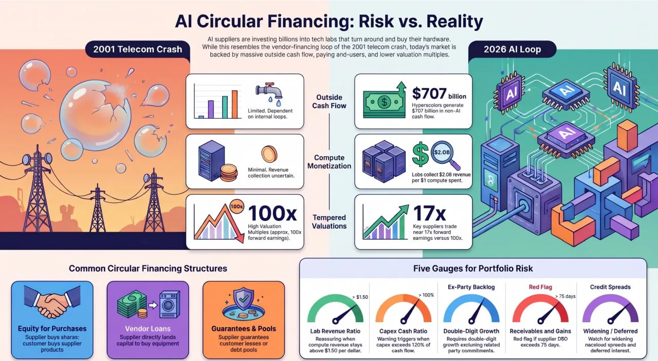 AI circular financing: comparing the risks of the 2001 telecom crash with the realities of today's AI investment cycle, and the five indicators investors should monitor.