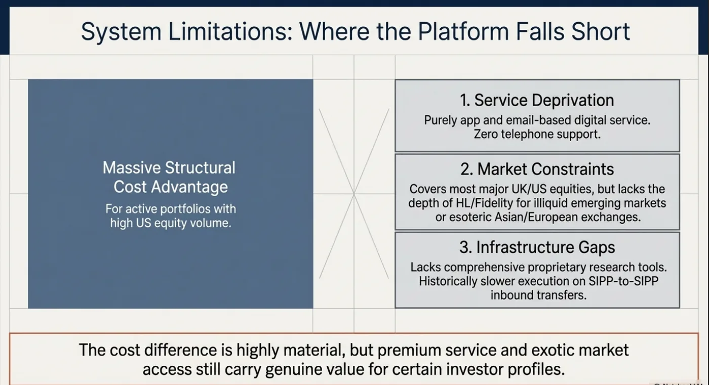 Chart titled "System Limitations: Where the Platform Falls Short" lists three areas: Service Deprivation, Market Constraints, and Infrastructure Gaps.