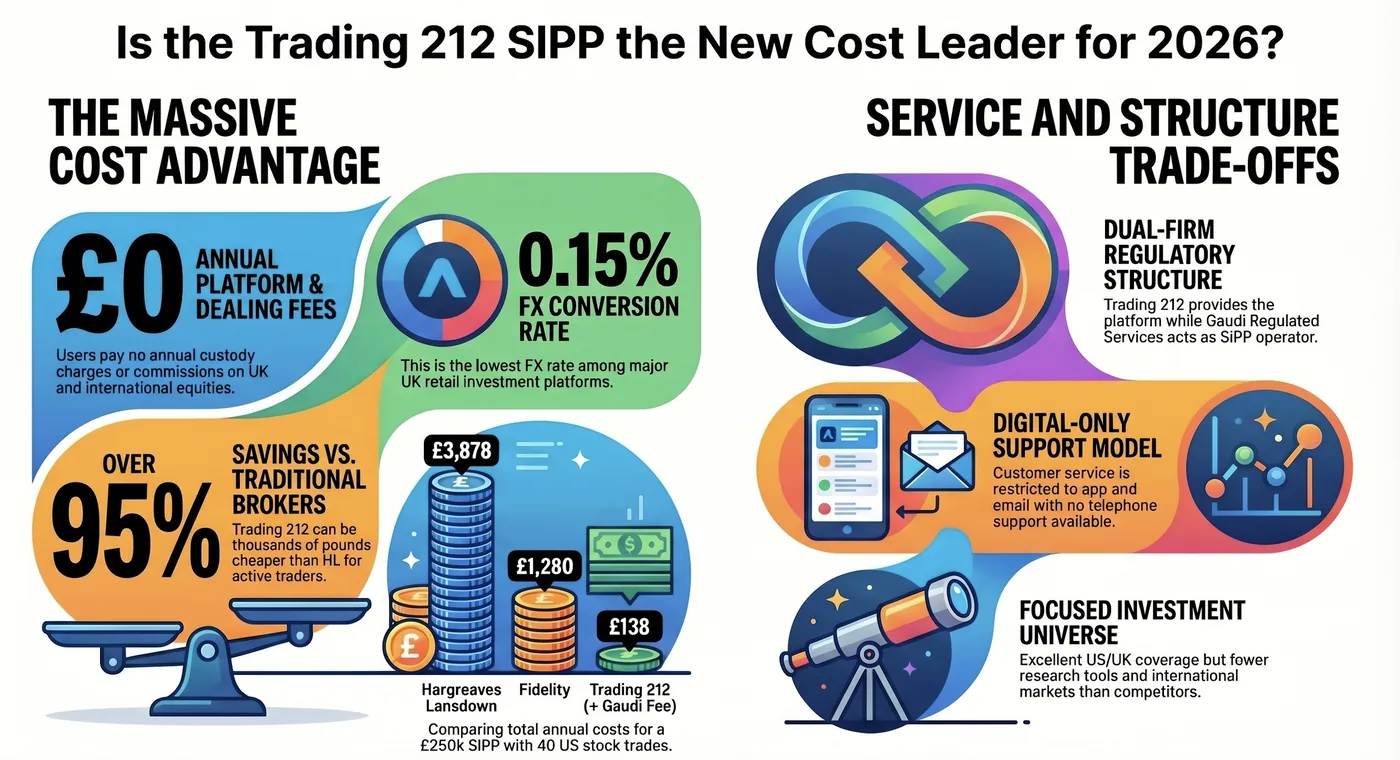 Infographic on Trading 212 SIPP for 2026. Highlights include £0 annual fees, 0.15% FX rate, savings over brokers, and service structure trade-offs.