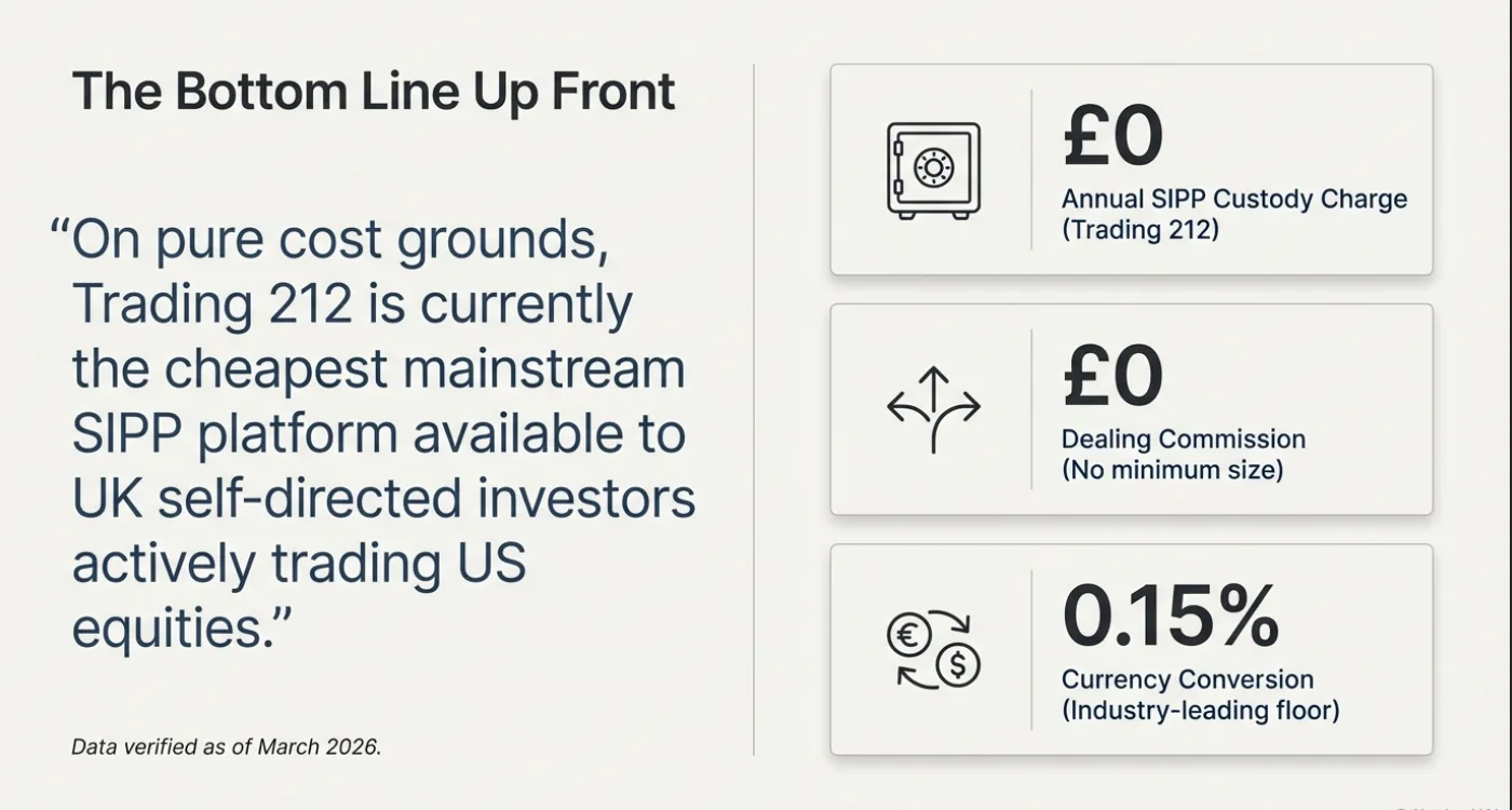 Text highlights Trading 212 as the cheapest SIPP platform for UK investors trading US equities, featuring £0 charges and 0.15% conversion fee.