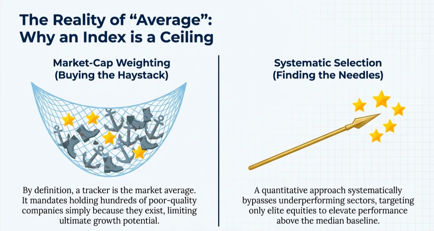 Two panels explain index investing: left shows a net of anchors and stars; right, a spear points to stars. Text contrasts market-cap vs. selection.