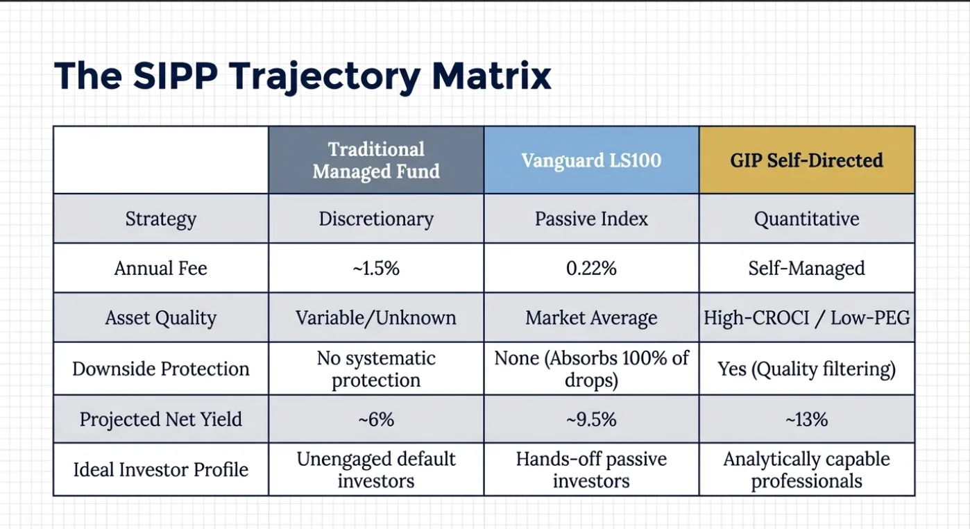 Matrix compares three investment options: Traditional Fund, Vanguard LS100, GIP Self-Directed. Shows strategy, fees, yields, investor profiles.