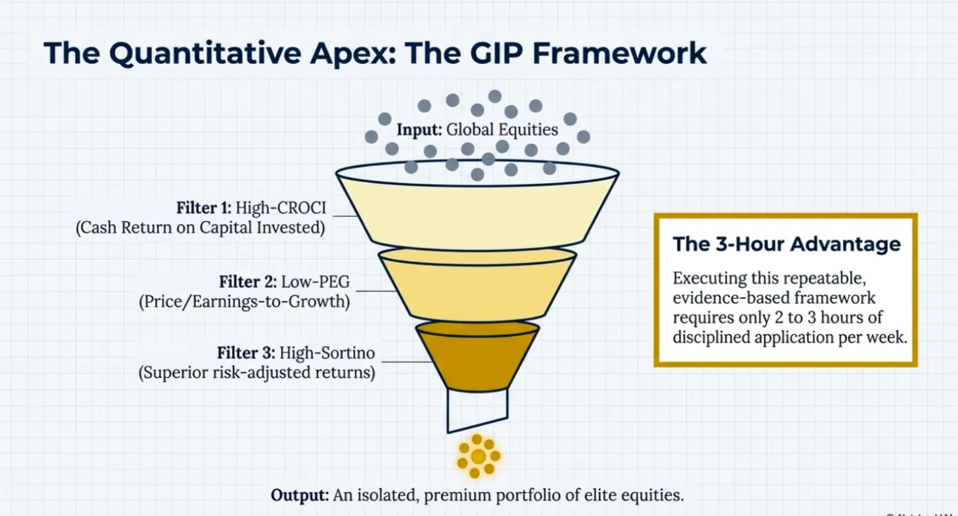 Stylized funnel diagram with three filters for global equities, labeled High-CROCI, Low-PEG, and High-Sortino. Text box: The 3-Hour Advantage.